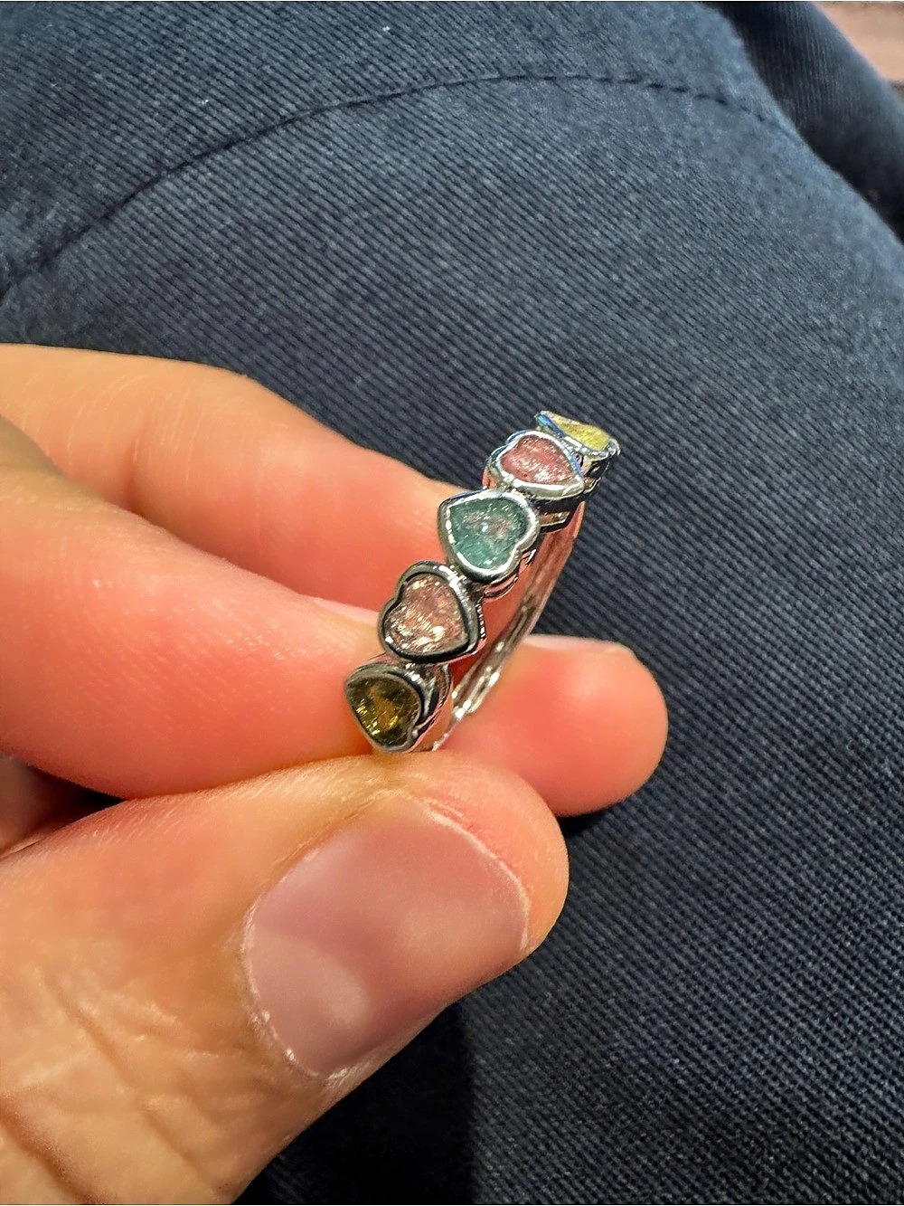 Tourmaline Natural Crystal Multicolor Stone Band Ring Adjustable size